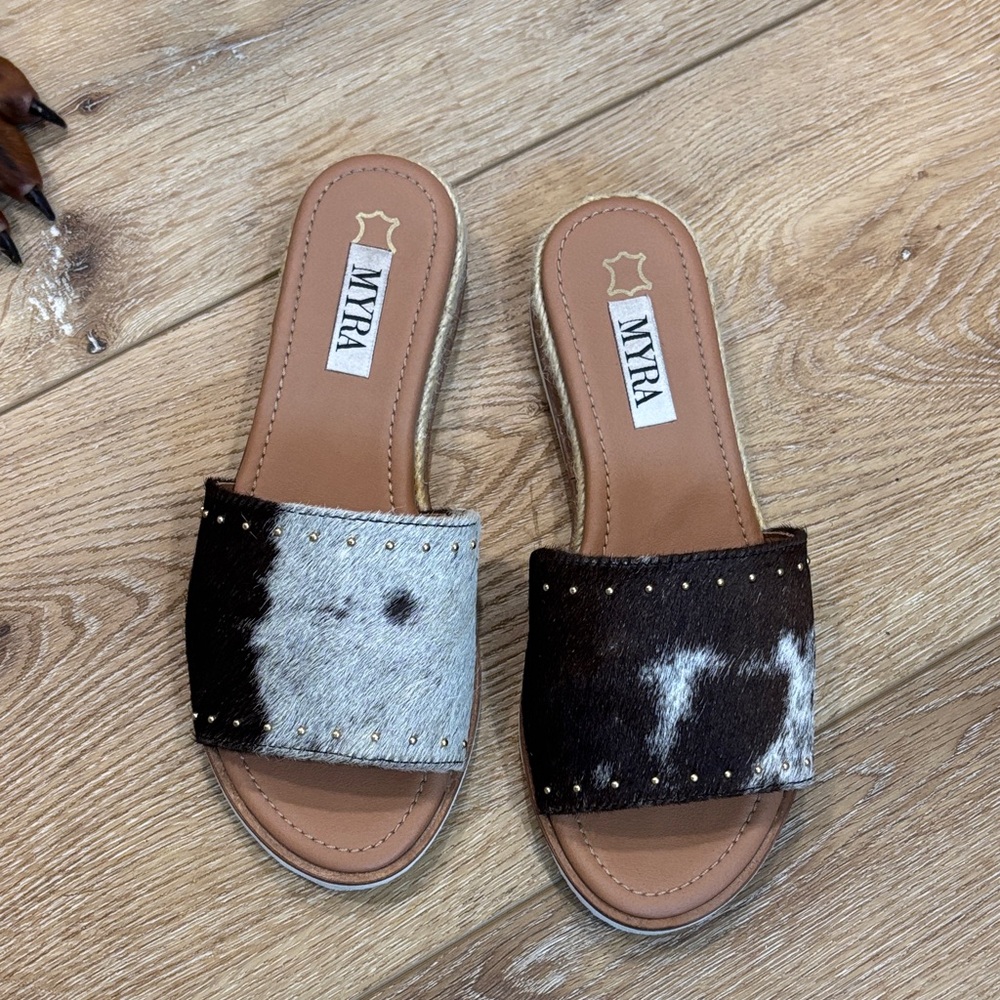 Myra Bag Brown and White Cowhide Sandals